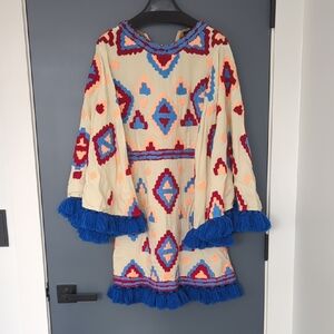 Boho Embroidered Cream Dress with Blue Tassel Trim